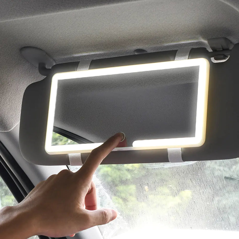 Automotive Sun Visor Makeup Mirror with Dimmable LED Light – USB Powered Vanity Mirror for Cars