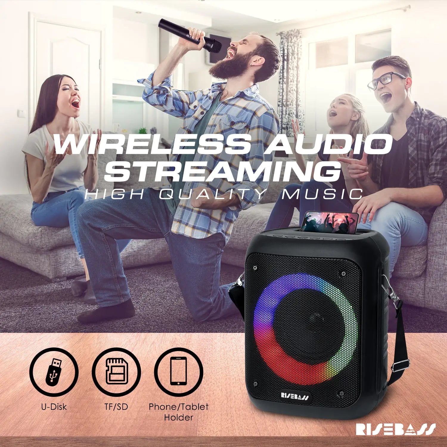 Risebass Portable Karaoke Machine – 2 Wireless Mics, Bluetooth, Rechargeable