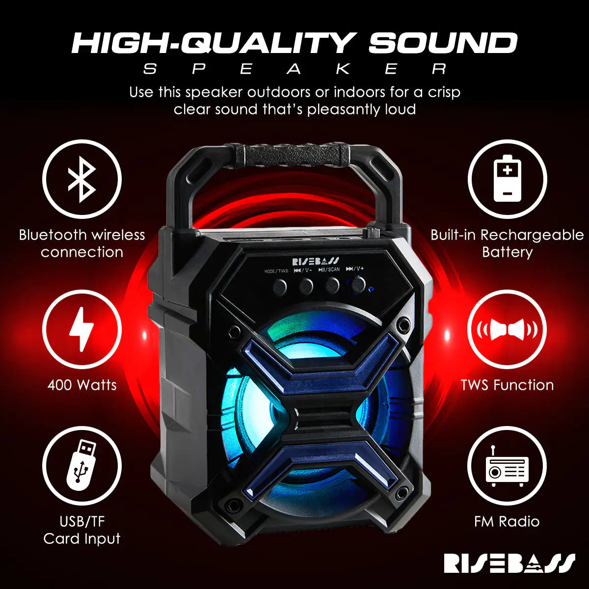 Portable Wireless Bluetooth Speaker – TWS, Rechargeable, LES Flashing Lights