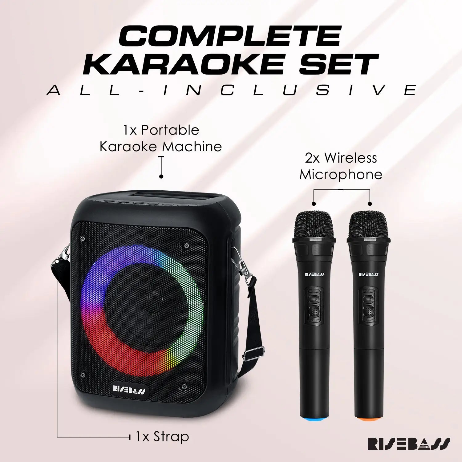 Risebass Portable Karaoke Machine – 2 Wireless Mics, Bluetooth, Rechargeable