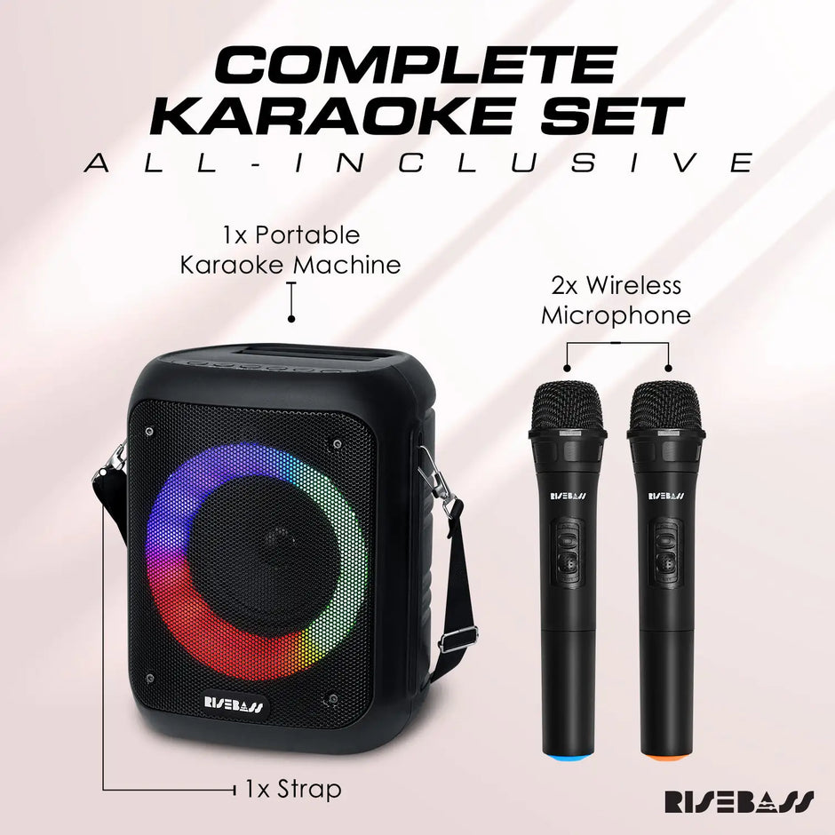 Risebass Portable Karaoke Machine – 2 Wireless Mics, Bluetooth, Rechargeable