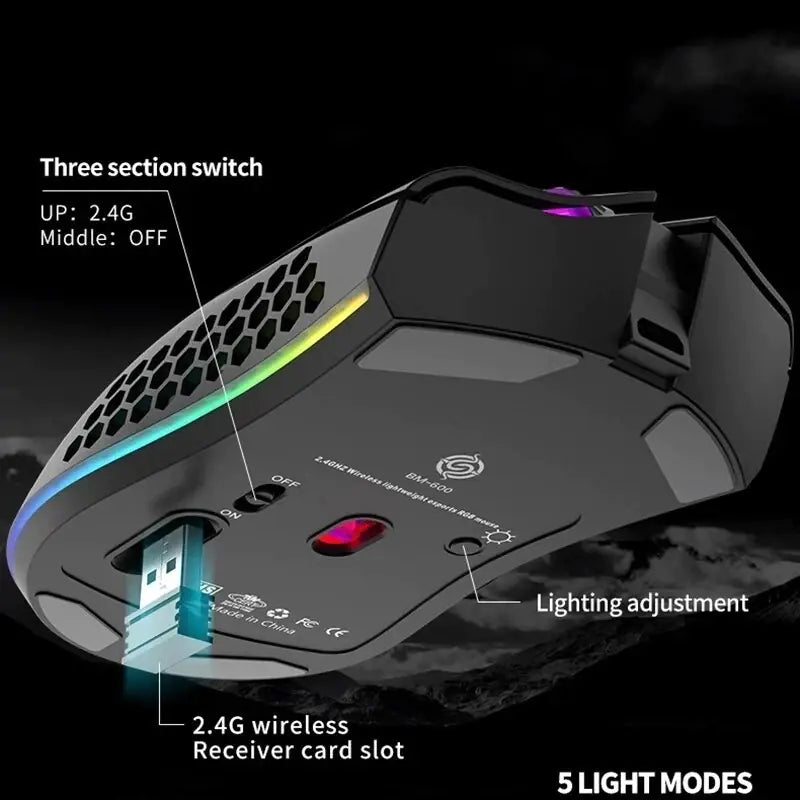 BM600 Wireless RGB Gaming Mouse – Rechargeable, 7-Button, RGB Lighting