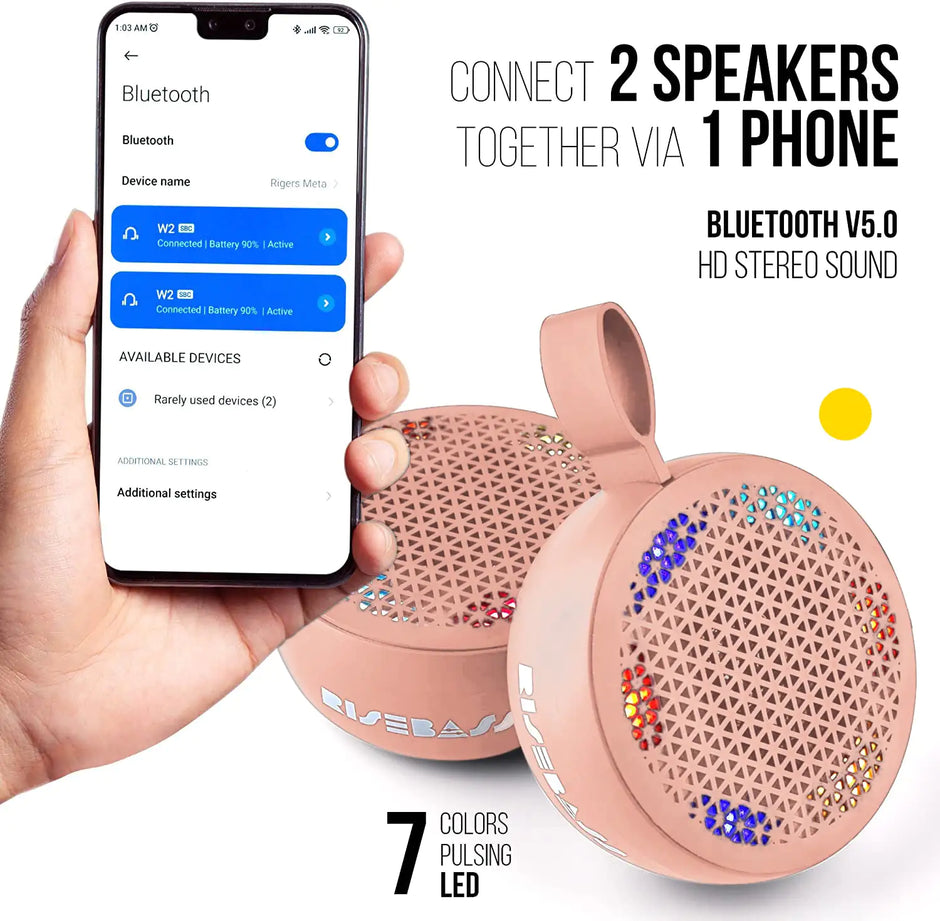 RISEBASS Water Resistant Bluetooth Shower Speaker – Portable Handsfree Speakerphone with LED Light, True Wireless Stereo