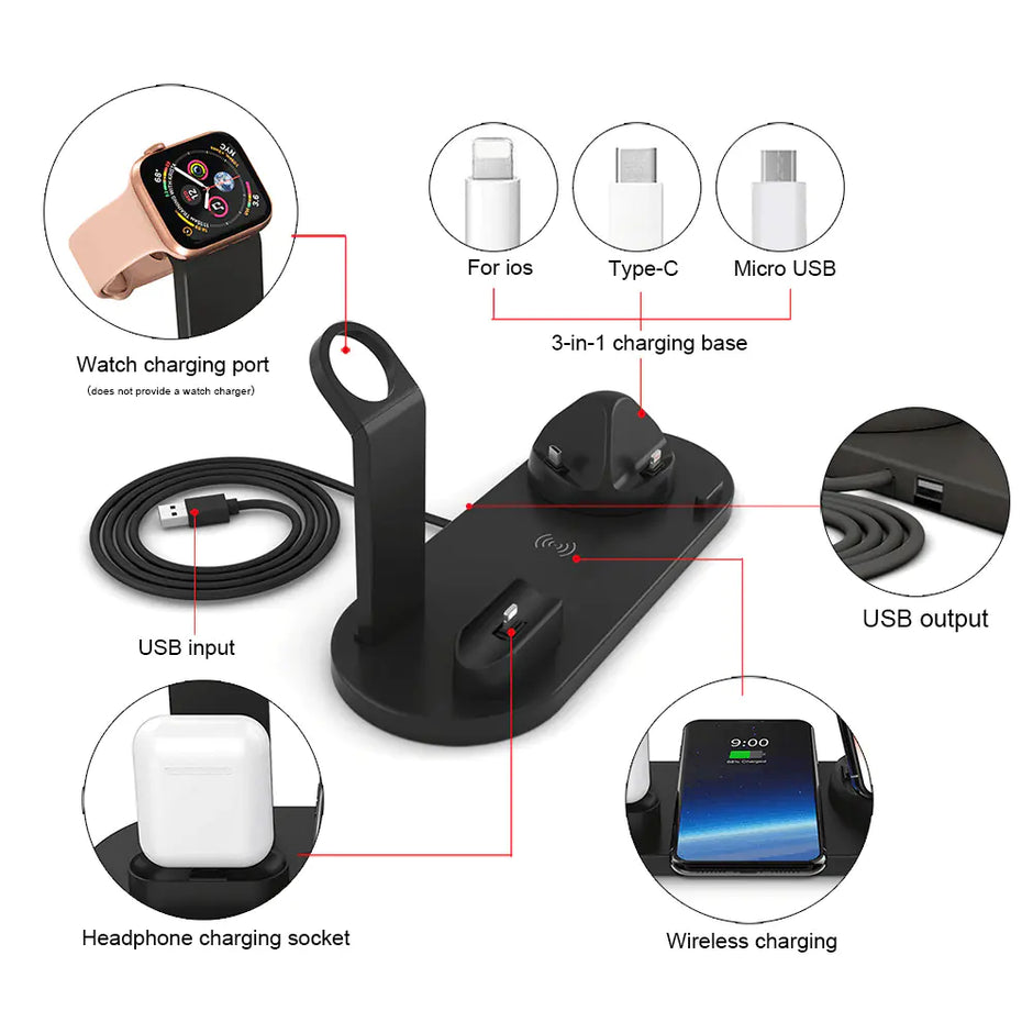 15W 4-in-1 Wireless Charging Station for Phones, Earbuds & Watches