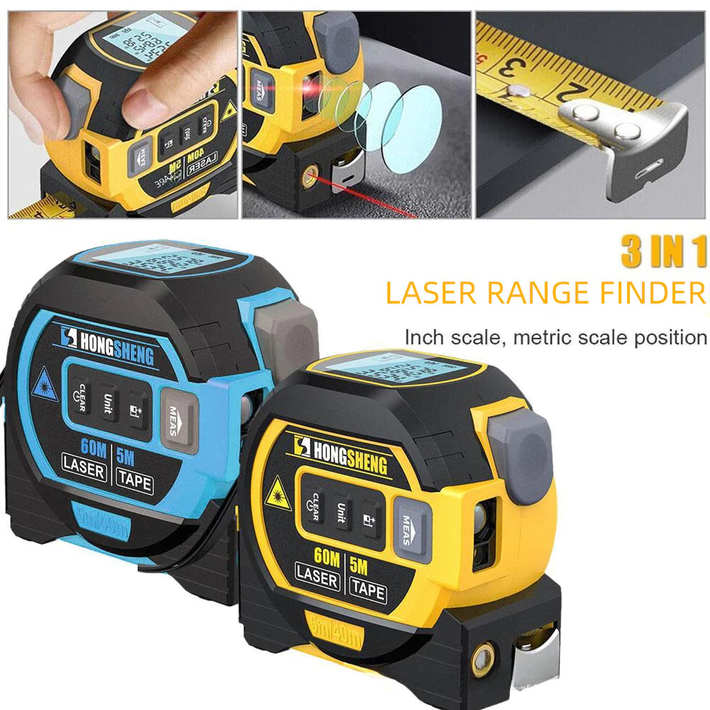 3-in-1 Laser Distance Measurer with Steel Tape & Digital Display