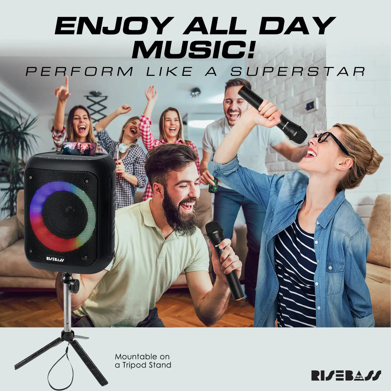 Risebass Portable Karaoke Machine – 2 Wireless Mics, Bluetooth, Rechargeable
