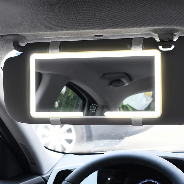 Automotive Sun Visor Makeup Mirror with Dimmable LED Light – USB Powered Vanity Mirror for Cars